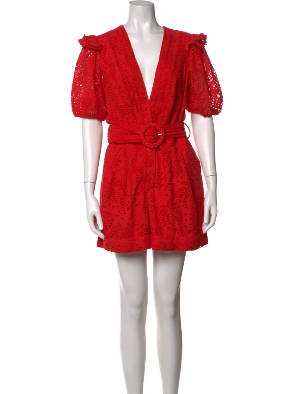 FARM Rio Red Eyelet Belted Romper with Puff Sleeves